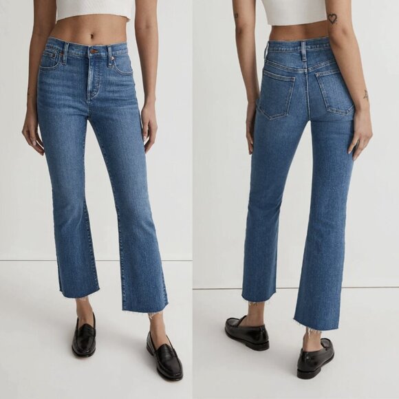 Madewell Mid-Rise Kick Out Crop Jeans w/ Raw Hem, Cherryville Blue Wash, 28 - Picture 2 of 12